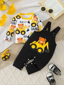 Baby Boy Bear Digger Harness Set Outfits, Cute Cartoon Print, Fitted Top with Letter Decor, Belted Pants with Button Closure, Fall, Baby Clothing