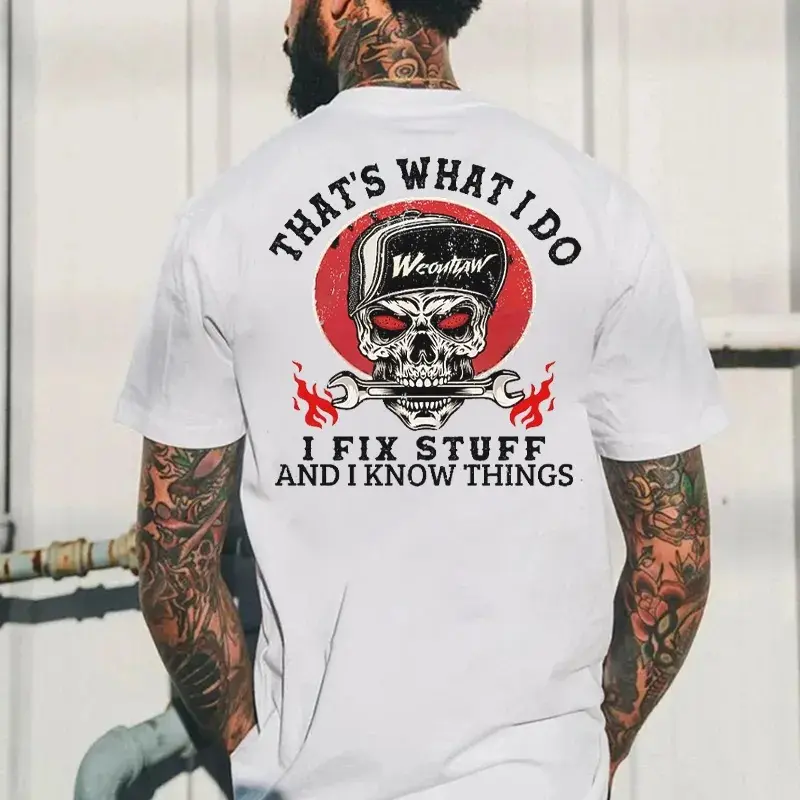Gildan Men's 100% Heavy Cotton Basic Fitted Tshirt - Short Sleeve Biker Style Casual Streetwear with "I Fix Stuff" Skull Graphic Print, Bow Accent, Chinese New Year