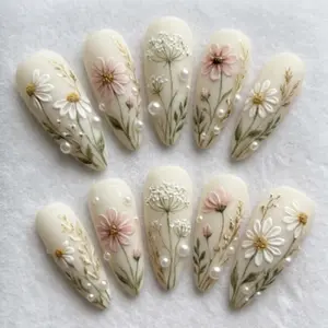 3D Wildflower Bridal Press On Nails | Luxury Matte Cream Pearl & Gold Botanical Art
