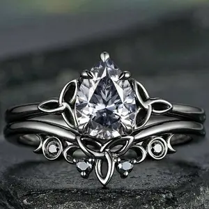 ️ Gun Black Rhodium Plated Flower Ring, Waterdrop Zirconia Halo Promise Set for Couples. Matching Gothic Aesthetic Jewelry, His & Hers Bands, Hypoallergenic & Tarnish-Free, Unique Love