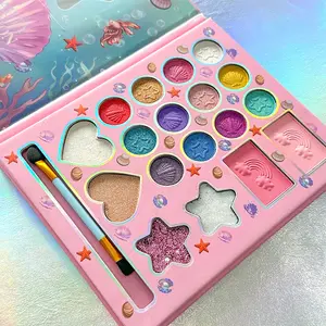 Cute Cartoon Mermaid Pattern 18 Color Pearl Matte Glitter Highlighter Blush Eyeshadow Palette, Shell Starfish Design, Shimmery Makeup Set