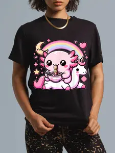 100% Cotton Anime Kawaii Axolotl Eating Ramen Noodles Girl Boy T-Shirt
