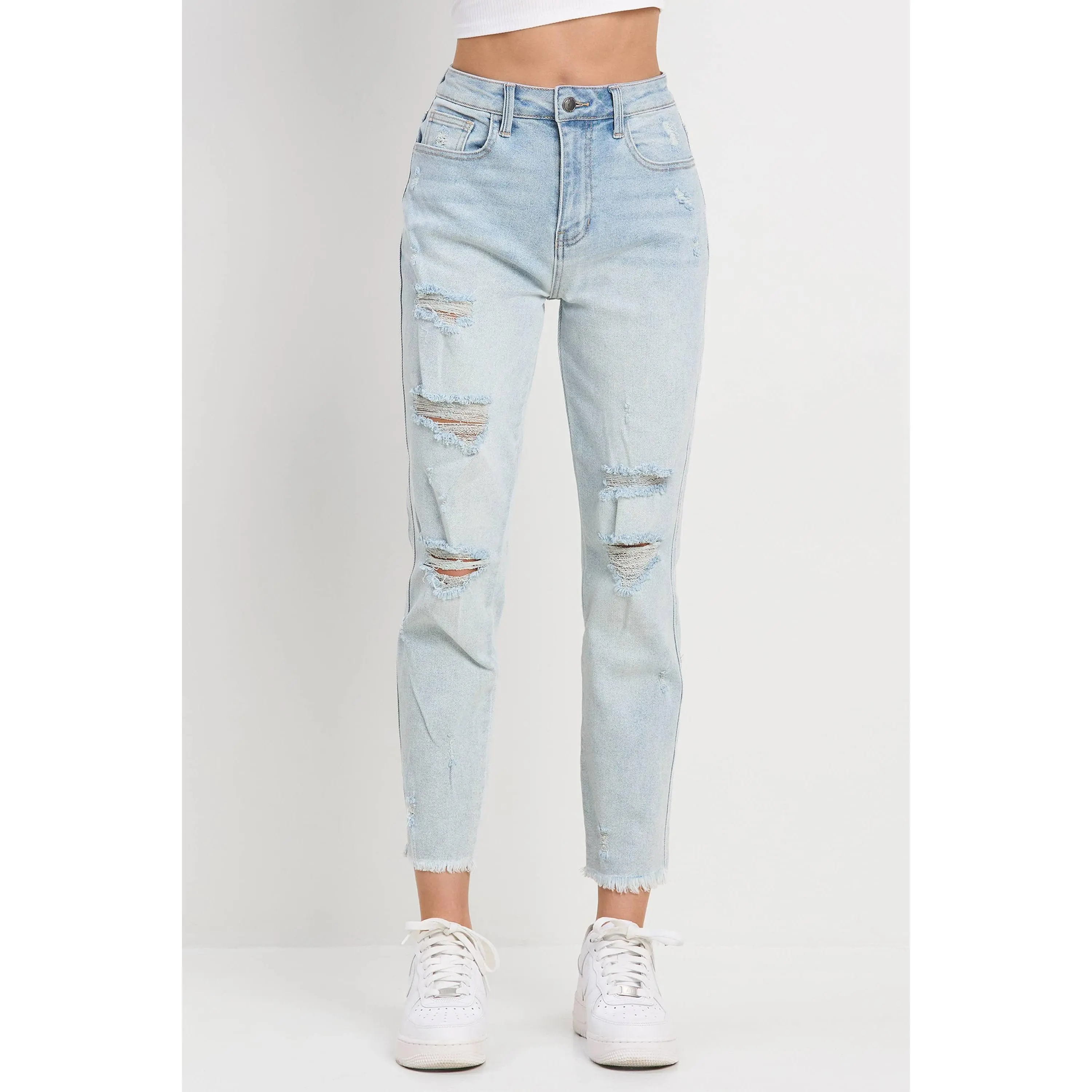 Light Wash Distressed Mom Jean Womenswear - Blue Denim Bottoms for Everyday Wear with Fray Hem Finish & Comfortable Fit