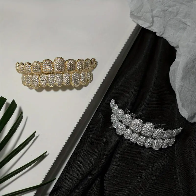 Unisex 2-Piece 20-Teeth Bling Cubic Zirconia Teeth Grills, Stainless Steel Temporary Fit HipHop Punk Mouth Caps, All-Season Cosplay Rapper Jewelry for Boxing & Martial Arts Oral Use, Two Pieces