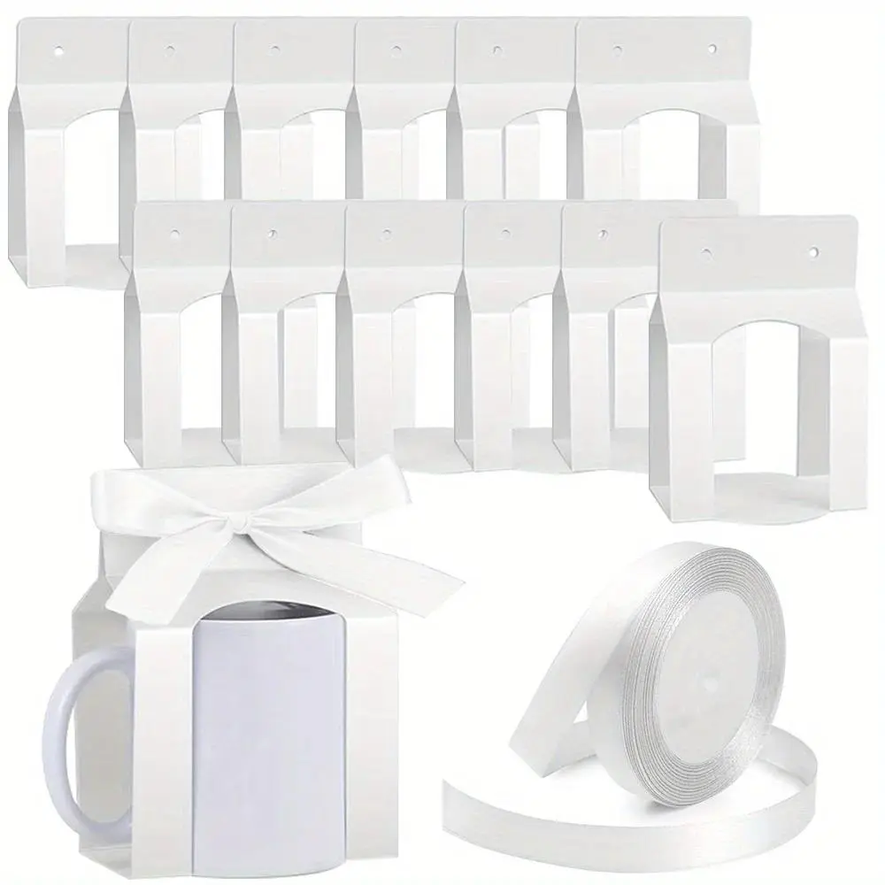 12pcs Mug Boxes with 1 Roll Ribbon for Gifts, 11-12oz Sublimation Mugs Gift Packaging Box with Window for Mugs Blanks Gift Wrap