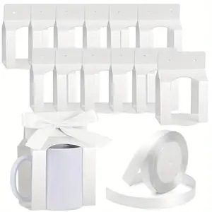 12pcs Mug Boxes with 1 Roll Ribbon for Gifts, 11-12oz Sublimation Mugs Gift Packaging Box with Window for Mugs Blanks Gift Wrap