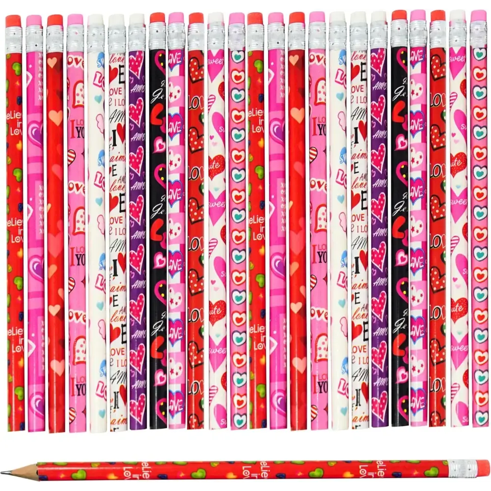 4E's Novelty 36-Pack Valentine Pencils with Erasers – Heart-Themed Classroom Party Favors