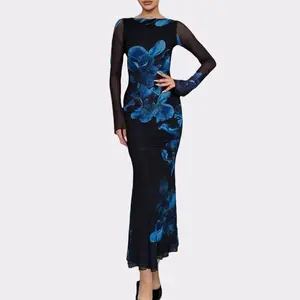 Women's Bodycon Maxi Dress - Fall Spring Fashion Long Sleeve Floral Print Ruched Stretchy Mesh Fabric for Casual to Formal Elegance Elegant Chic