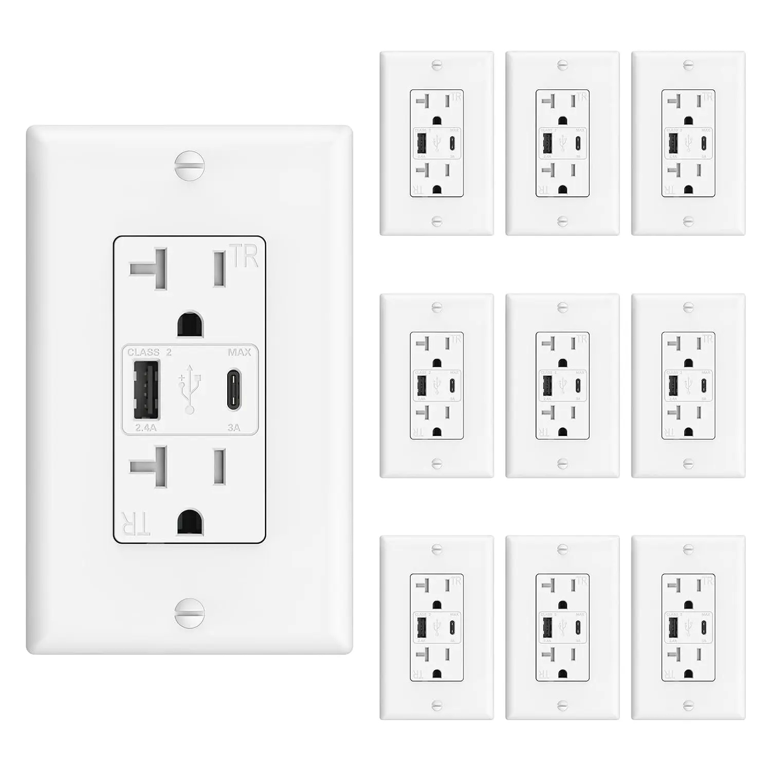 ThunderWay USB Outlet, 4.2A 20 Amp Wall Outlet with USB Ports |   21W Fast Charging, White, 10 Pack, ETL Listed, Type-A & Type-C Wall Outlet, Wall Plate Included, Tamper Resistant for Safe