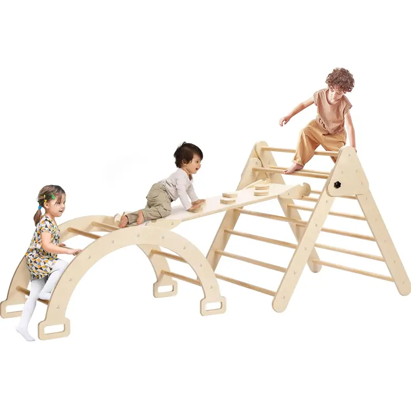 Rengue 4 in 1 Pikler Triangle Set, Foldable Climbing Triangle Ladder Toys with Ramp for Sliding or Climbing, Wooden Safety Sturdy Kids Play Gym, Indoo