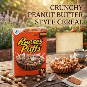 Chocolate Peanut Butter Cereal Puffs, Crunchy Breakfast Cereal for Snacks and Morning Meals