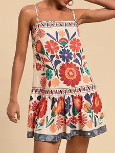 Vibrant Floral Print Mini Dress, Women's Sleeveless Summer Beach Dress, Casual Wear, Lightweight Polyester, Ruffle Hem, Thin Straps, Perfect for Vacation