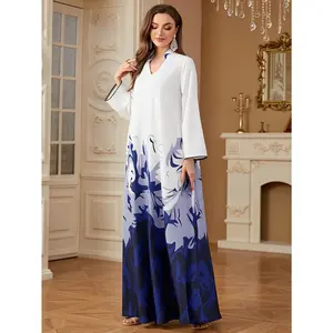 Middle East Special, No S Size 2025 New Summer Muslim Islamic Ramadan Digital Print Long Dress Loose White Elegant Style Long Sleeve Dress Saudi Arabia Pakistan Quetta Fashion Abaya