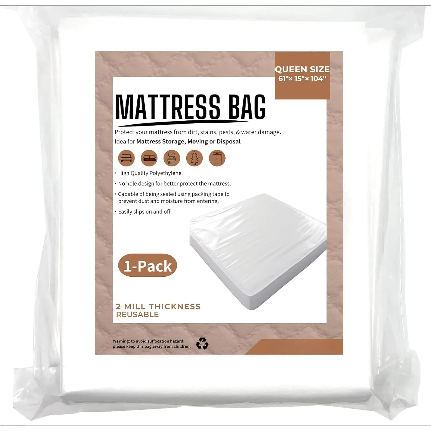 Queen Mattress Bags for Moving and Disposal 61'' x104''x 15'' Waterproof Storage Mattress Cover Queen for Mattress and boxspring, Bed Bug Queen Mattress Cover Protector, Moving Suppliers 1pack.