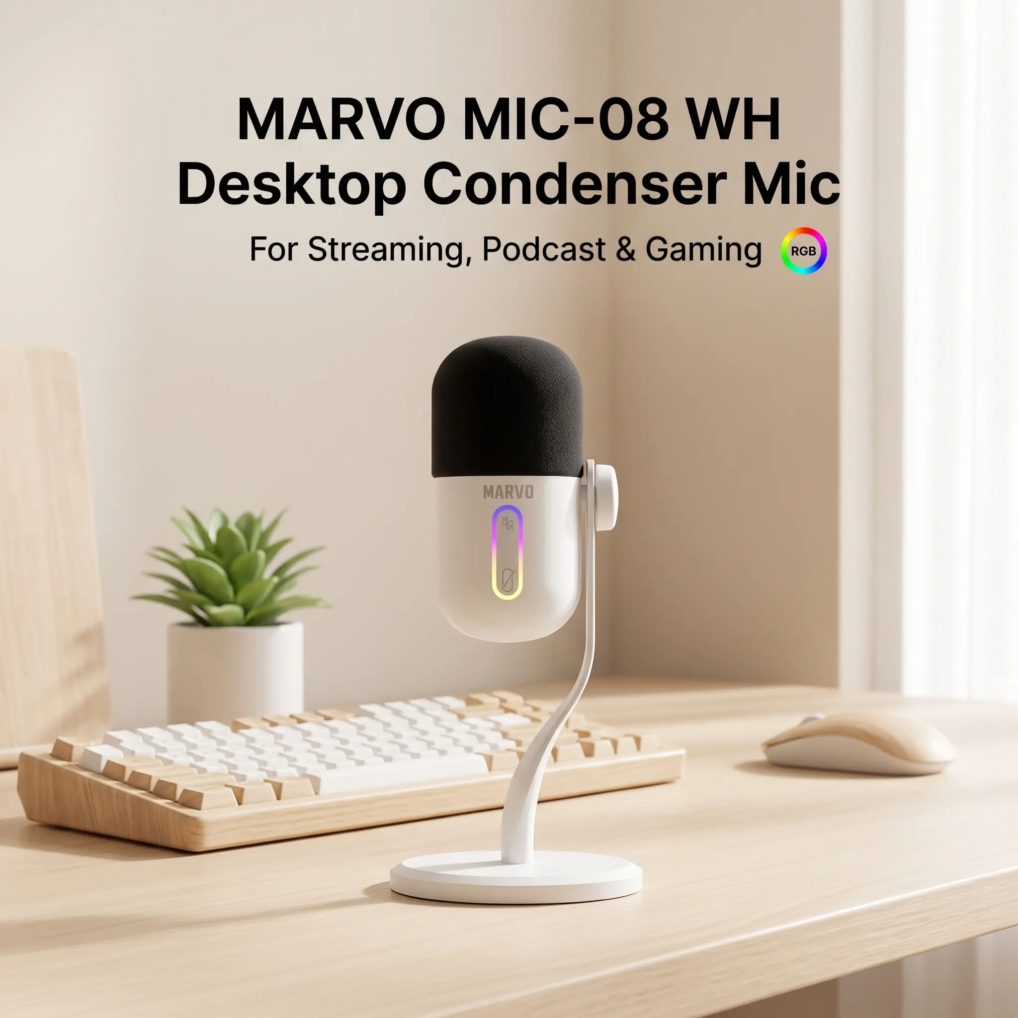USB Condenser Microphone for Gaming & Live Streaming, Sleek ABS-Sprayed Metal Mic with Adjustable Bracket, RGB Running Water Light, Touch Control, Noise Reduction, Mute Button, 48KHz Sampling Rate, 3.5mm Audio Jack