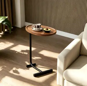 Brown C-Shaped Steel-Framed Portable End Table - Small Sofa Side Table for Living Room WL RR, Portable End Tables