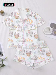 Women's Easter Bunny & Egg Print Sleepwear Set, Comfortable Short Sleeve Button Shirt & Loose Elastic Shorts, Casual All Season Loungewear Pajama Set
