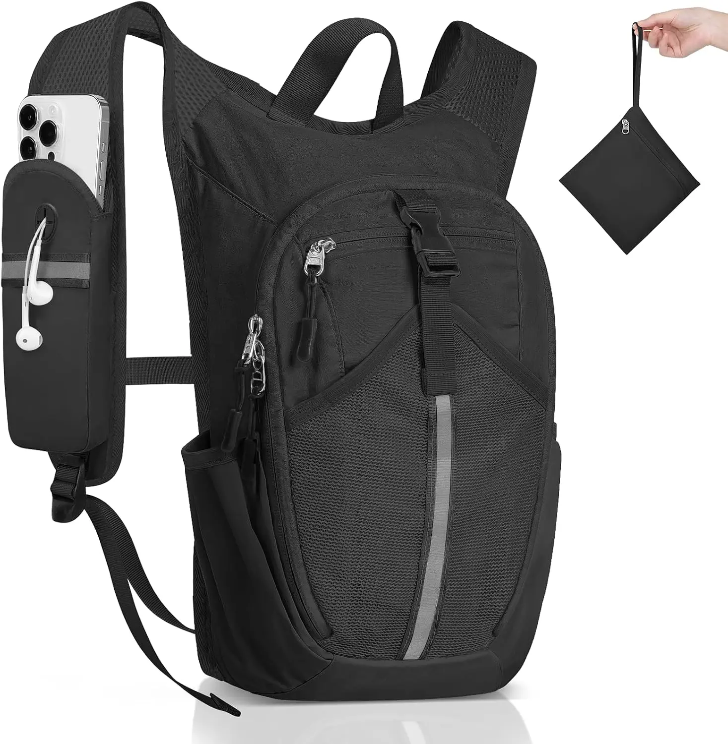 Lightbiz 15L/10L Unisex Lightweight Cycling Backpack, Small Hiking Backpack & Foldable Daypack with Shoulder Strap Phone Pocket, Adjustable Chest Strap, Reflective Details, Bottle Pockets for Biking, Hiking, Travel & Outdoor Trips