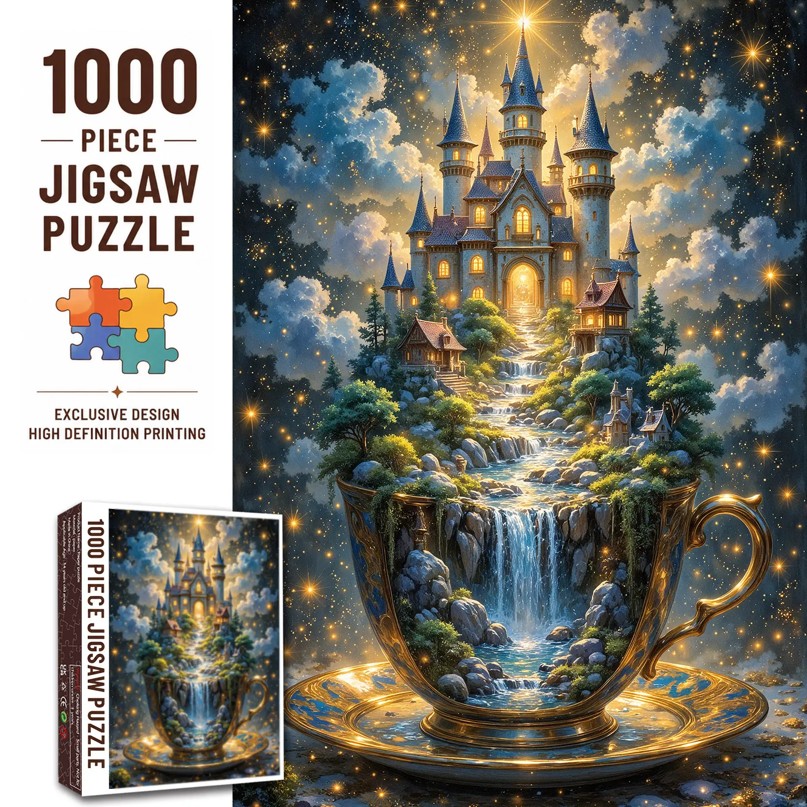 Walarky Fantasy Castle Waterfall 1000 Pieces Jigsaw Puzzle for Adults, Magical Teacup Landscape with Starry Sky, Challenging Brain Game for Stress Relief Relaxation Family Fun, Gift for Seniors Fantasy Lovers Wall Decor, 27.5x20inch(70x50cm)