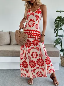 A red and white Floral printed dress with spaghetti straps, Sleeveless, and a V-neck, featuring a tank top-style upper part, casual vacation style, suitable for holidays, everyday outings