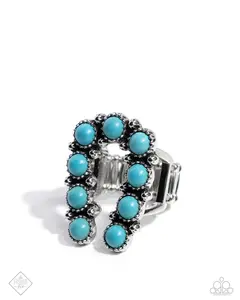 Wild West Whisper - Blue Turquoise Round Stones with Silver Studded Outlines Shape an Upside Down Horseshoe Stretchy Ring