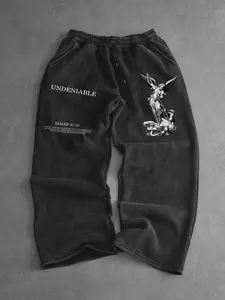 Men's Cotton Elastic Waist Statue Print Sweatpants, Letter Print Streetwear, Fitted Casual Vintage Style, Perfect for Leisure & Work