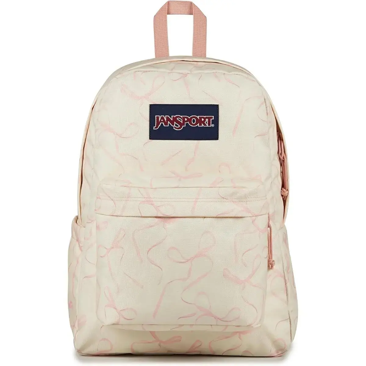 JanSport Classic Student Backpack Cream Pink Bow Ribbon Print Large Storage Ergonomic Shoulder Straps Casual Travel Daypack