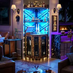 Corner Bar Cabinet Equipped with Power Outlet, Industrial-Style Wine Cabinet Featuring LED Light Strip and Glass Rack, 5-Tier Home Liquor Bar Storage Unit, Corner Display Cabinet Ideal for Small Spaces, Rustic Brown Finish