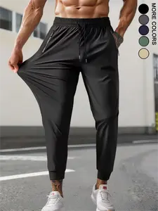 Men’s fashion sports outdoor ice silk long pants with side zippered pockets featuring letters, drawstring waist—perfect for spring and summer outfits, everyday outings, and outdoor activities.