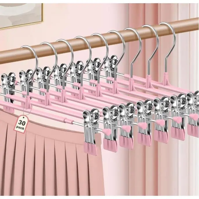 Pants Hangers with Clips  Women, Adjustable Heavy Duty Skirt Hangers, Space Saving Non-Slip Shorts Jeans Trousers Clothes Hangers (Pink, 20Pack)