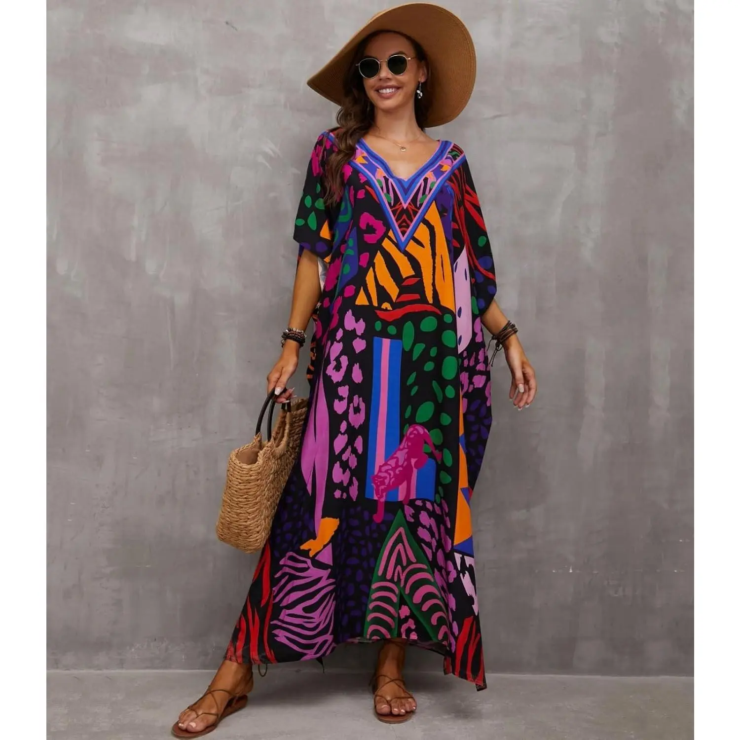 Women's Plus Size Ethnic Print Kaftan, V-Neck Batwing Sleeve Maxi Caftan, Lightweight Rayon Summer Beach Swimsuit Cover Up Robe, Butterfly Print Kaftan