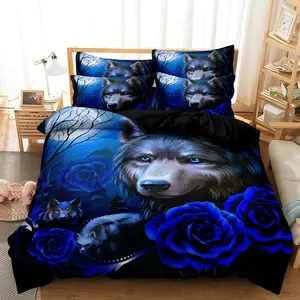 3pcs Fashion Wolf Blue Rose Print Bedding Set Duvet Cover , Soft Comfortable Breathable Decorative Duvet Cover, For Bedroom Guest Room Decor (1*Duvet Cover + 2*Pillowcase, Without Core)