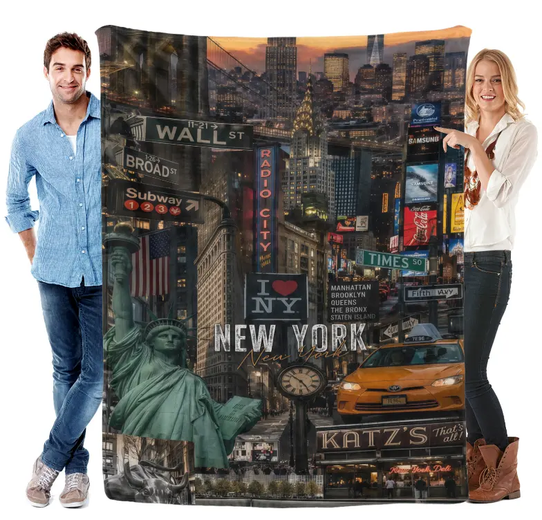 NYC Landmark Collage Flannel Blanket - Cozy Throw for NYC Travel Lovers, Featuring Times Square & Statue Of Liberty Designs