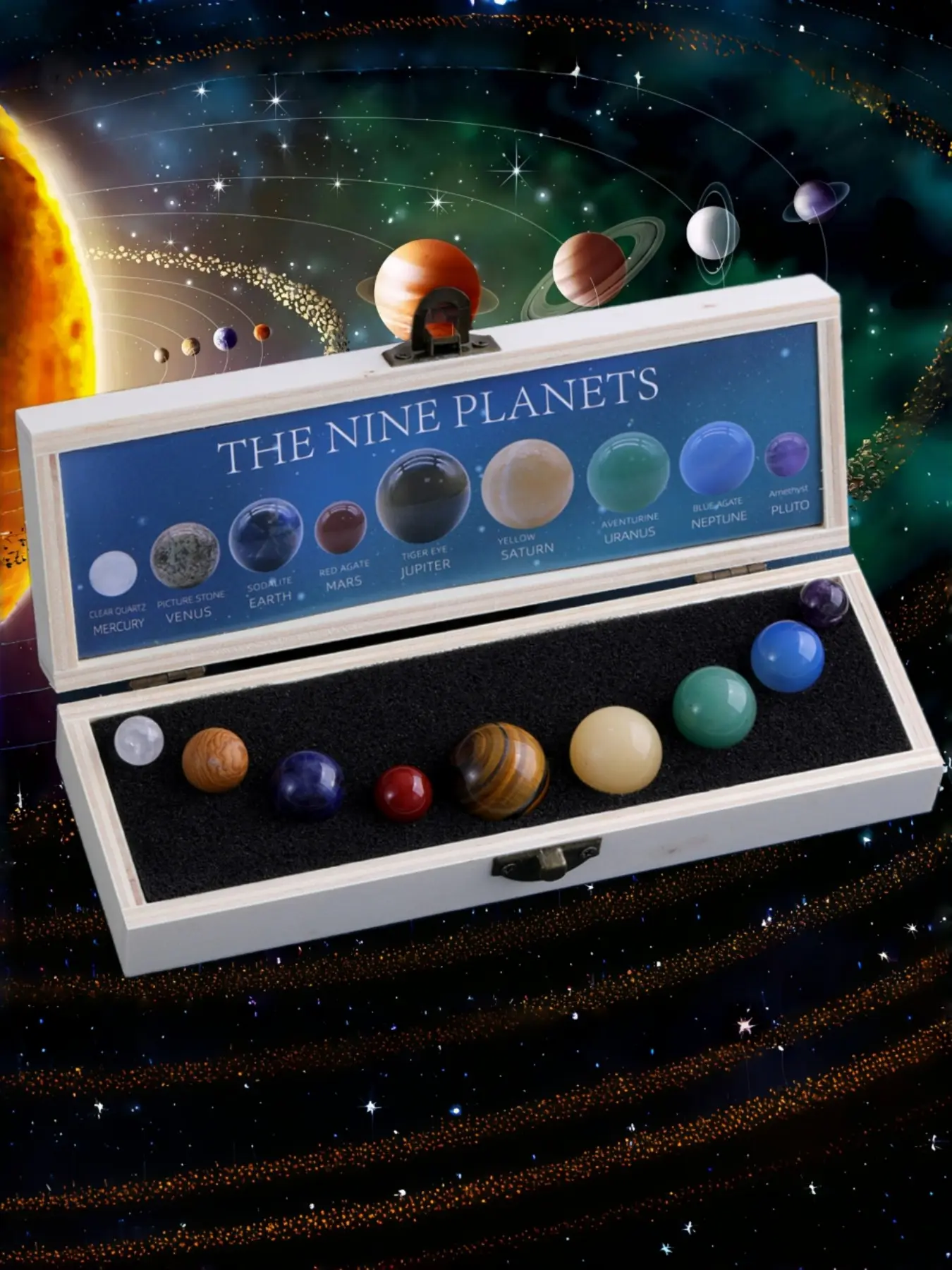 1 Box 9pcs Natural Crystal Mineral Specimens, Natural Crystal Set, Solar System Planet Crystal Balls, Space Theme Desk Decor, Gift for Astronomy Lovers, Crystal Decoration Set