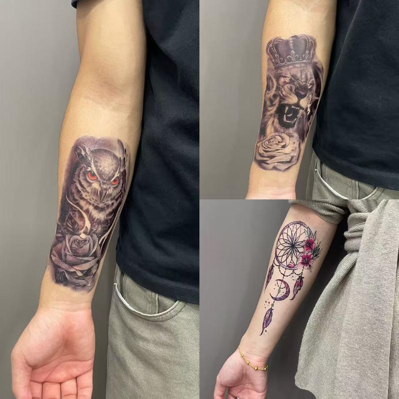 72 Sheets Temporary Tatoo 12 Large and 60 Medium-sized sheets Black Arm Temporary Tattoos For Men Forearm Women Thigh, Half Sleeve Animals Dragon Lion Tiger Wolf Dream Cather Temporary Tattoo Stickers Adults, Death Skull Compass Flower Fake Tattoos