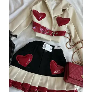 Y2K New Sexy Leather Two Piece Women Harajuku Gothic Heart Shaped Patchwork Waist Exposed Jacket Cut Denim Patchwork Mini Skirt
