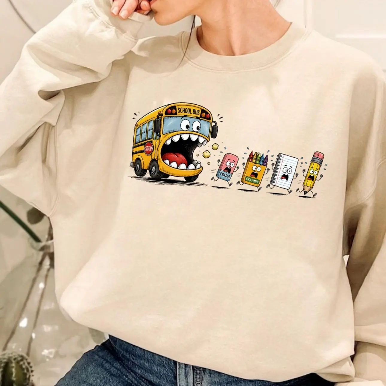 Back to School Sweatshirt, Funny School Bus and School Supplies Graphic Crewneck, Cozy School Season Gift for Teachers