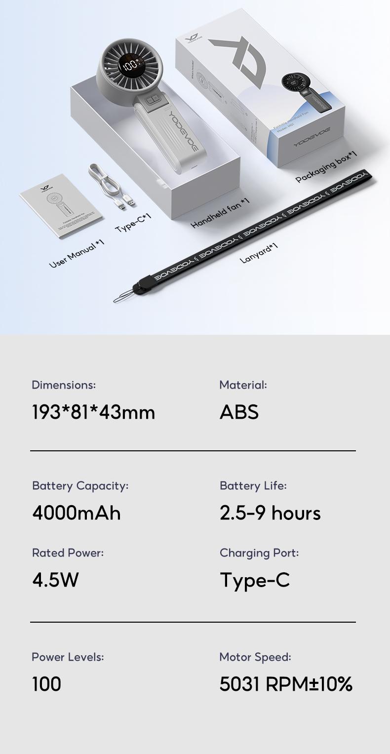 Yodevoe portable handheld turbine fan, 100 wind speed settings, USB rechargeable mini fan, with adjustable lanyard, suitable for outdoor travel, a gift for both men and women.