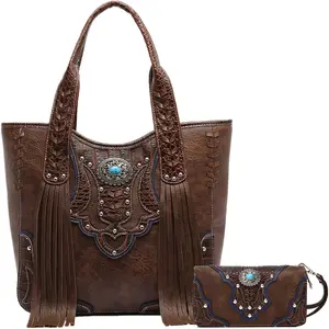 Western Turquoise Concho Fringe Tote Bag & Matching Wallet Set - Buy Tote Get Wallet Free, Cowboy Style PU Leather Shoulder Purse Combo