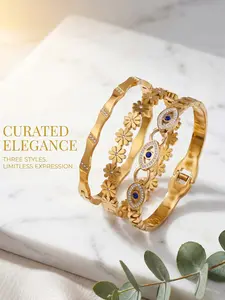 18K Gold Plated 3PCS Bangle Set, Wave, Flower & Evil Eye Design Stackable Bracelets, Cubic Zirconia Inlaid Stainless Steel Jewelry, Hypoallergenic Waterproof Elegant Gift for Women, Stacked Design Bracelets