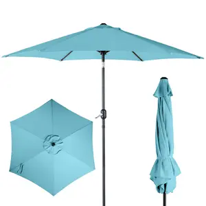 9FT Sky Blue Patio Umbrella with Push Button Tilt & Crank Handle UPF 50+ Waterproof Polyester Canopy KD Design for Easy Setup Storage Iron Frame 6 Ribs