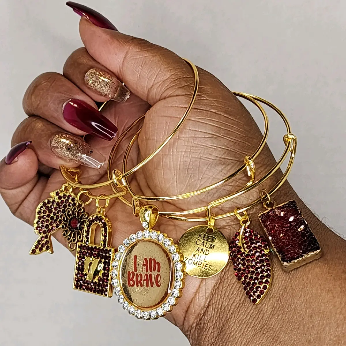 I Am Brave Affirmation Manifestation Red Gold Bangle Set