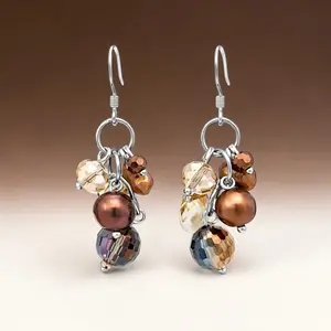 Chocolate Cultured Pearl and Crystal Bead Earrings in 925 Sterling Silver