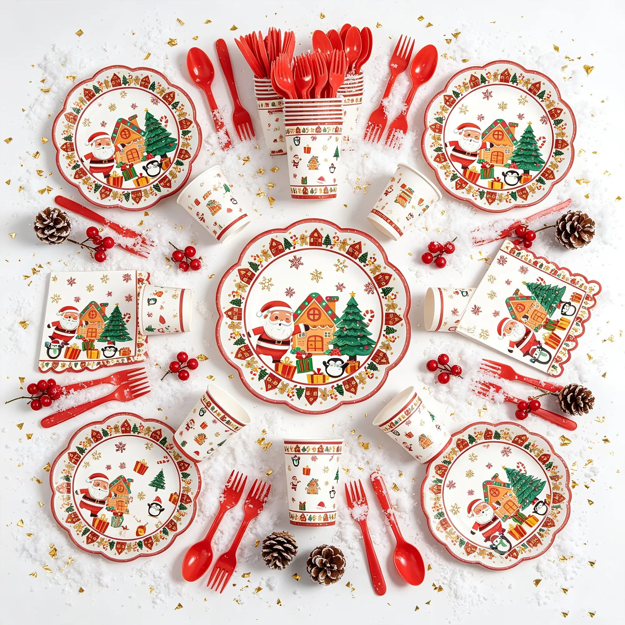 140Pcs Novelty Print Disposable Tableware Supplies - Christmas Party Paper Plates, Napkins, Santa & Gingerbread House Decor, Serves 20 for Winter Festive Gatherings, New Year Celebrations