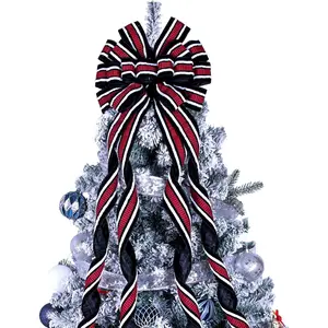 Large Black Flocking Fabric Christmas Tree Topper Wreath Bow, White Raw Edge Gift Bows for Xmas Thanksgiving Holiday Home Indoor Outdoor Decor 52x13 Inches