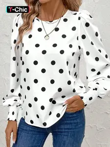 Elegant Polka Dot Print Round Neck Ruffle Long Sleeve Women's Shirt, Hotapei Fashionable Blouse for Casual Wear, Stylish Ladies' Top
