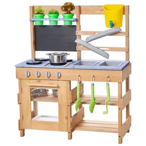 VEVOR Mud Kitchen, Outdoor Mud Kitchen for Kids, Wood Outdoor Play Kitchens with Stoves, Hooks, Sinks, Planting Shovels, Spatulas, Handle, Cookware Pots and Accessories, Play with Water and Sand