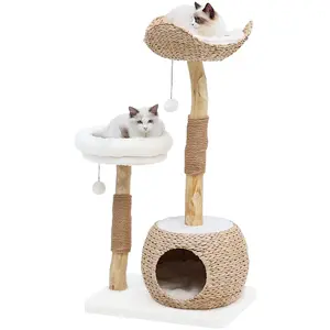 FLANTINO 40.5" Solid Wood Cat Tree for Small Indoor Cats, Woven Cattail Fabric, Soft and Comfortable Design, Sisal-Wrapped Scratching Posts, Made with Sustainable Materials, Handcrafted, and Easy to Assemble
