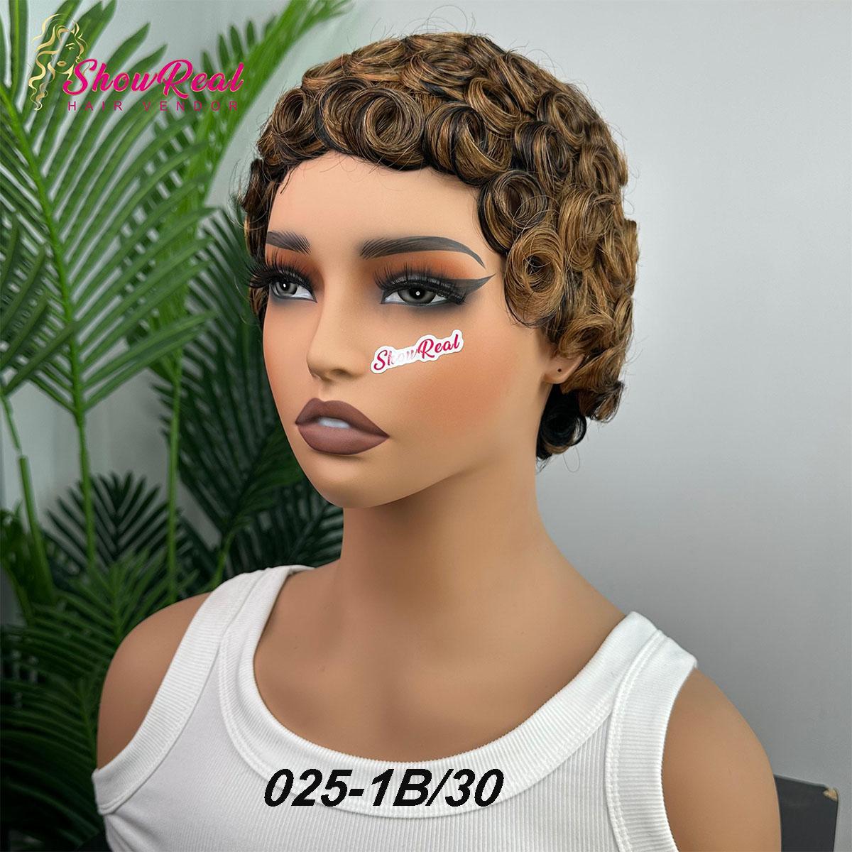 ShowReal 025 Chioma Wig Short Pixie Cut Wig Pin Curls Black Mommy Wig Curly Bomb #99J #1B/30 #4 #1B/4/27 #4/30/4 Colorful Brizalian Virgin Human Hair  Style Wigs For Black Women