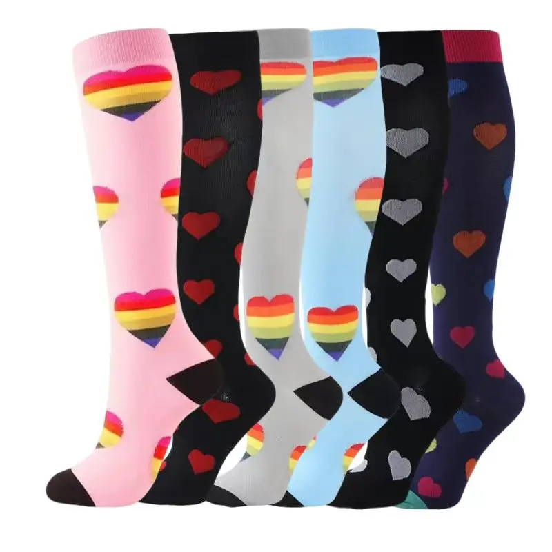 MhzyCaus 6 Pairs Women's Colorful Heart Pattern Compression Socks, Soft Breathable Fabric Calf Support Socks, Comfortable Stretch Fit for Long Office Hours, Standing & Active Lifestyle